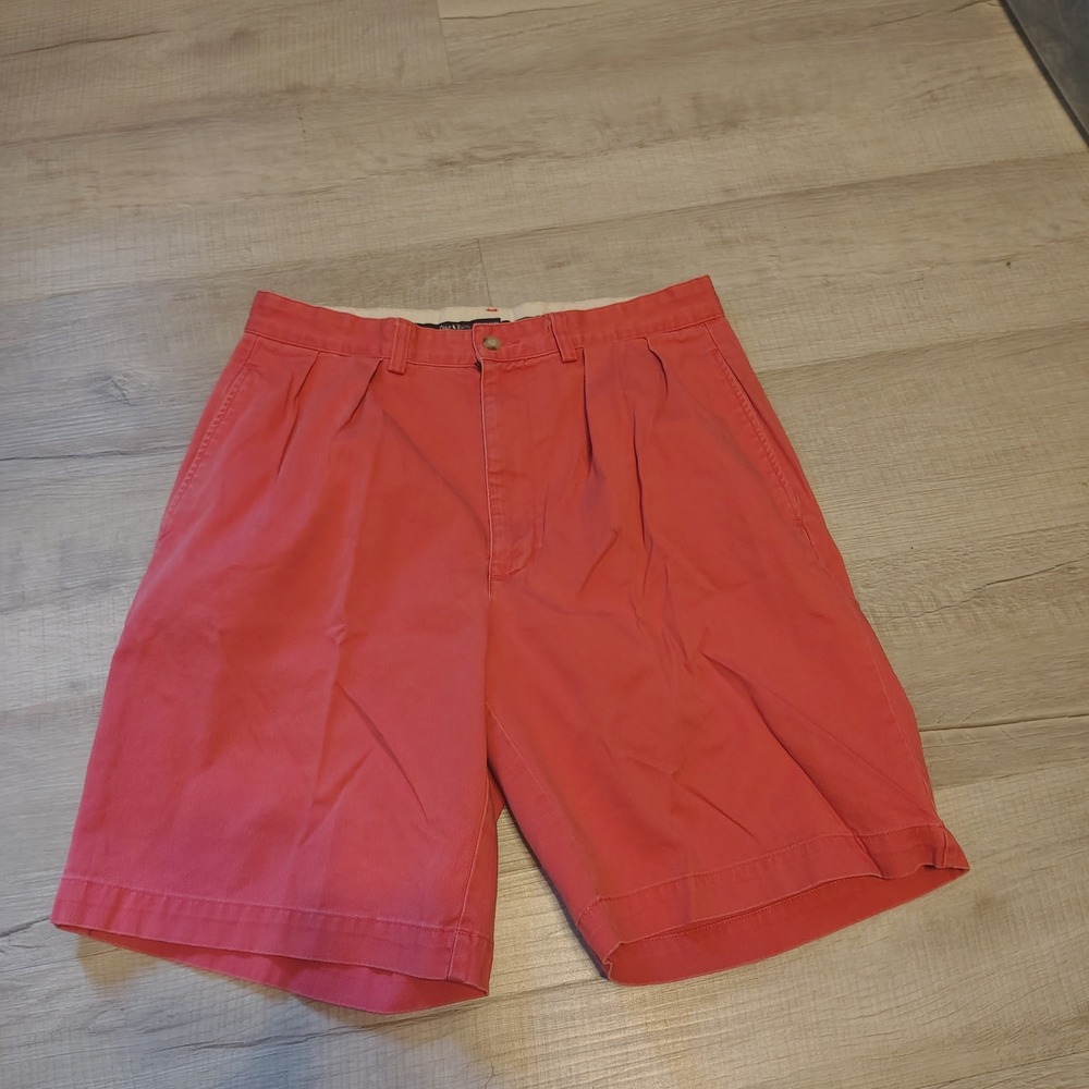 VTG Polo Ralph Lauren Mens Pleated Chino Shorts Salmon Pink Coral Cotton Size 32